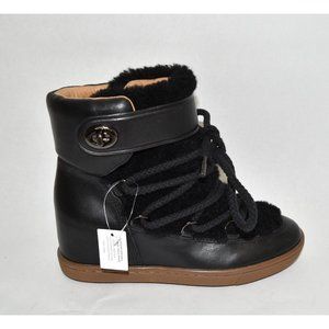 New! Coach Monroe Hidden Wedge Boot Genuine Shearling Black Leather Sz 6.5 T9